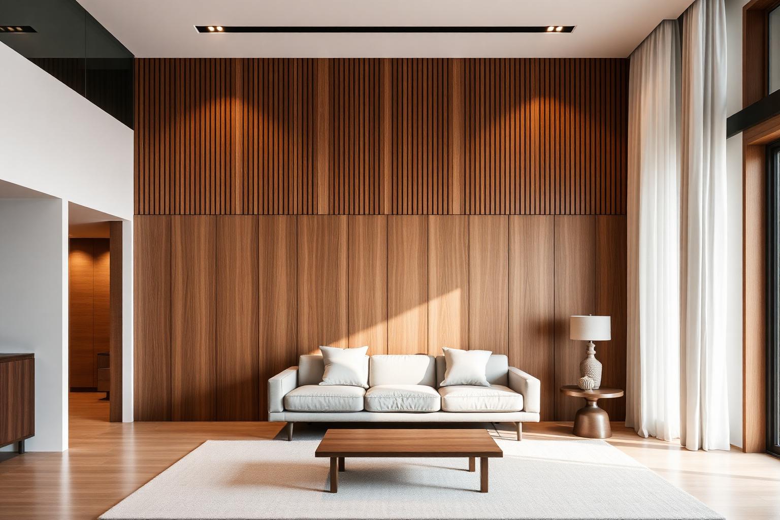 Sala minimalista com painel ripado de madeira