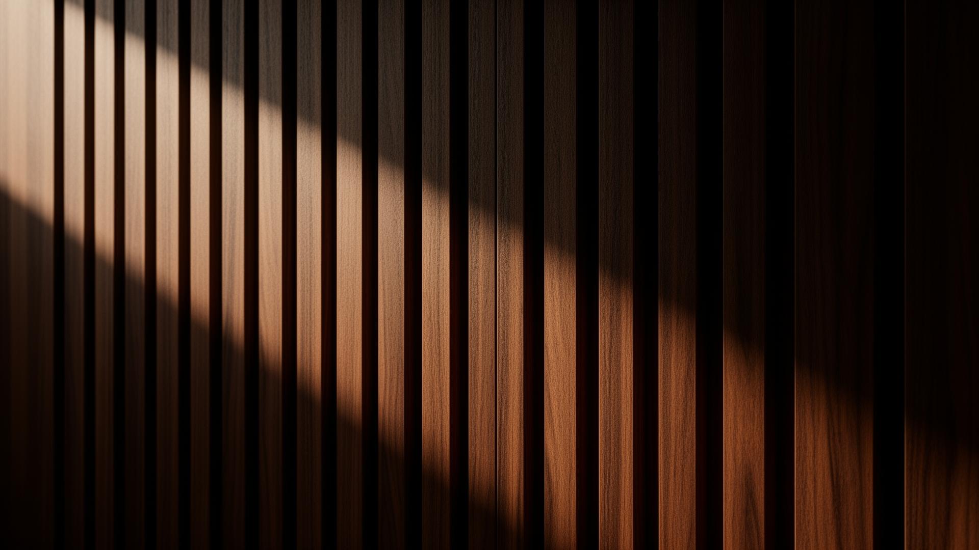Painel ripado vinílico premium ECO VINIL sob iluminação arquitetônica rasante